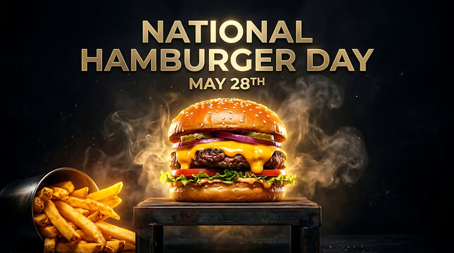 National hamburger day celebration with a juicy burger and fries on a rustic