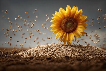 Obraz premium Sunflower with grains and seeds flying in air on pile of cereal, agriculture concept with harvest and natural food production in farm environment under blue sky.