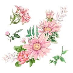Obraz premium Watercolor illustration of a bouquet of delicate daisy and other flowers, hand-drawn.