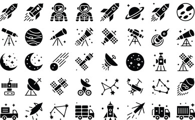 Professional space exploration vector icon sheet with solid black silhouettes of rockets planets astronauts satellites and futuristic space elements © Animesh
