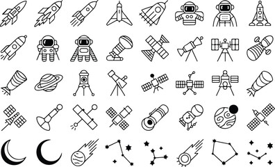 Modern space exploration icon sheet featuring black silhouette vectors of rockets astronauts planets satellites and astronomy related elements © Animesh