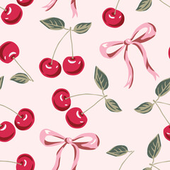 Obraz premium Red cherry fruits, green leaves, pink bows, blush background. Vector floral illustration. Seamless pattern. Summer garden