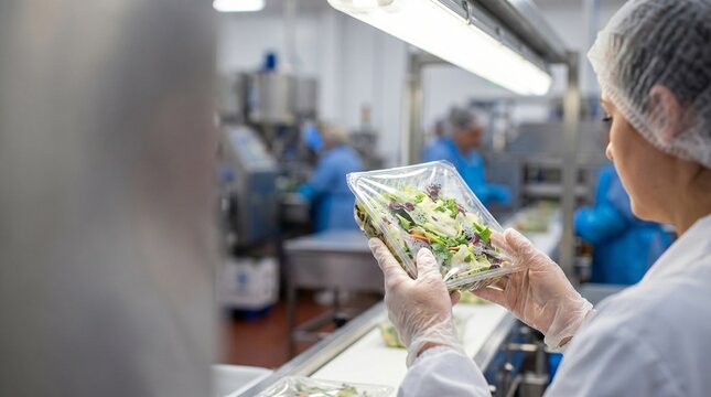 Woman in protective clothing inspects a packaged salad on a food processing production line