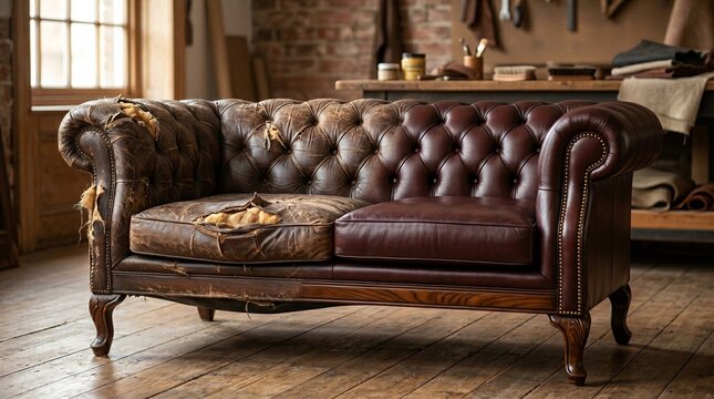 Restoration Journey of a Chesterfield Sofa: A captivating visual narrative showcasing the meticulous process of restoring a classic chesterfield sofa.