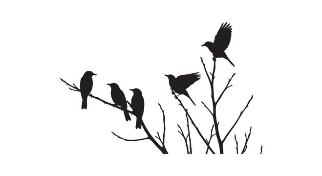 Flock of birds perching on bare tree branches isolated on white background for natural forest or wildlife designs.