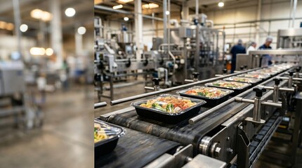 Fototapeta premium Prepared food containers moving along a production line in a factory Food production