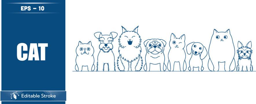 Illustration of multiple cat faces in a row on white background