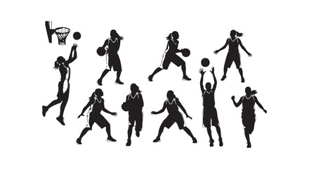 Fototapeta premium Group of female basketball player silhouettes performing various sports actions on court with hoop and ball elements.