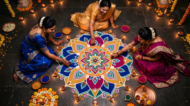 Three Indian women creating a colorful rangoli design on the floor