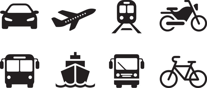 Transportation icons set including car plane train motorcycle bus ship and bicycle black silhouettes on white high quality professional detailed modern elegant stylish