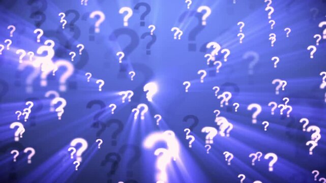 Dynamic abstract scene with glowing question marks and vibrant blue background