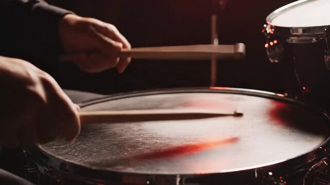 Professional drummer playing snare drum with sticks in dark studio