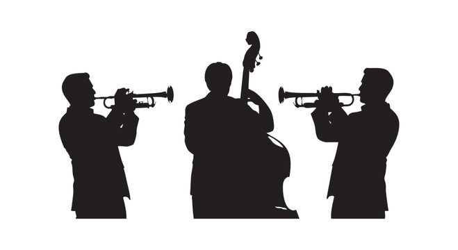 Musical trio featuring jazz band members playing trumpet and double bass instruments in stylish black silhouettes.