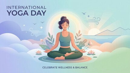 Obraz premium Woman meditating in nature during sunrise celebrating wellness and balance on international yoga day serene mountains and clouds in background flat vector illustration style