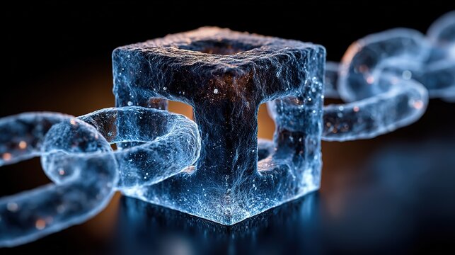 Macro Close-Up of Textured Ice Padlock and Interlocked Ice Chain on Dark Reflective Surface, Fragile Security Restraint Symbol, Cold Winter Themed Concept