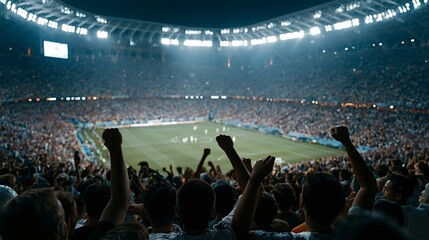 Crowd of fans raising fists and celebrating during a thrilling soccer match in a large, brightly lit stadium, creating an atmosphere of excitement and unity