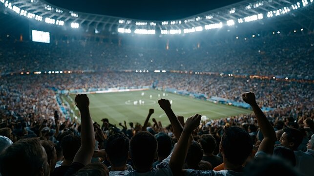 Crowd of fans raising fists and celebrating during a thrilling soccer match in a large, brightly lit stadium, creating an atmosphere of excitement and unity