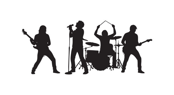 Rock band silhouettes, music concert stage, guitar drums singer, live performance, artistic display, rhythm sound.