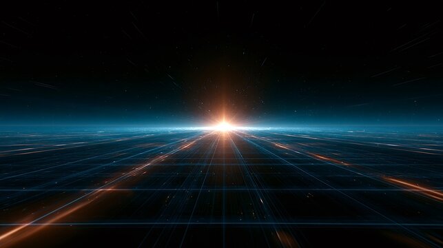 Digital grid representing a futuristic big data concept with glowing lines and a bright light source on the horizon, symbolizing global network connections and high speed information technology