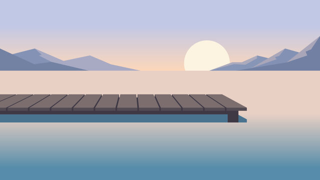 Minimalist landscape illustration of wooden pier on calm water with mountain and sunset background.