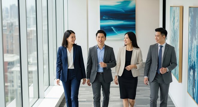 Four business professionals walk together through a modern office hallway. They are dressed in professional attire, including blazers, suits, and skirts.