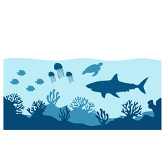 Fototapeta premium Underwater Ocean Sealife Silhouette. Vector Isolated