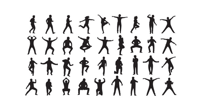 Set of black silhouettes featuring various poses of men standing jumping running exercising performing yoga motions.