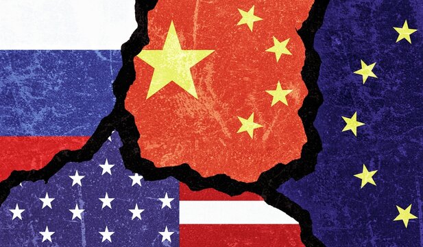 Power competition between US Europe Russia and China. Power race between big super powers. Diplomatic and geopolitical warfare between super power countries. US vs Europe Russia and China power race.