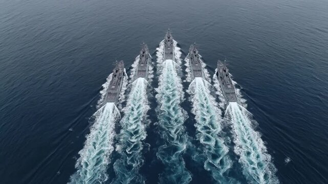 Five Warships Sailing Forward in V-Formation, Aerial Top View on Open Sea, for Defense or Maritime Themes