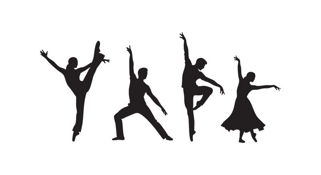 Set of dancers in various dynamic poses and styles, performing ballet on white background.