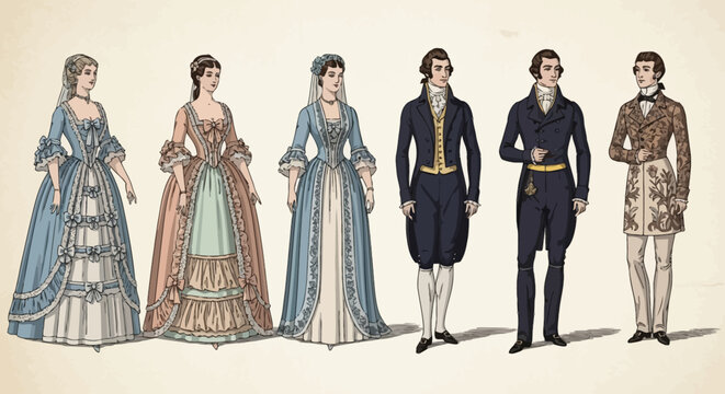 Historical Regency Era Fashion Illustration of Men and Women in Formal Attire.