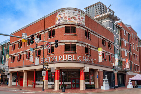 Boston, MA, US-March 29, 2026: Facade of the Boston Public Market Building.