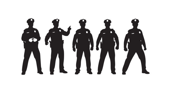 Set of five police officers silhouettes in uniform standing in various poses, with one pointing, on white background.