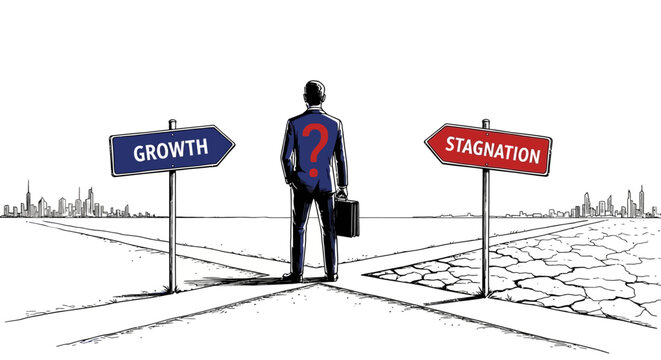Man at crossroads with growth and stagnation signs.