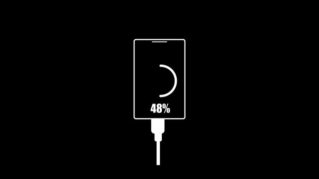 fast charging smartphone. the charging process is displayed on the screen.Smartphone charging icon 100 percent battery level lightning bolt symbol connected to white cable. 4k video.