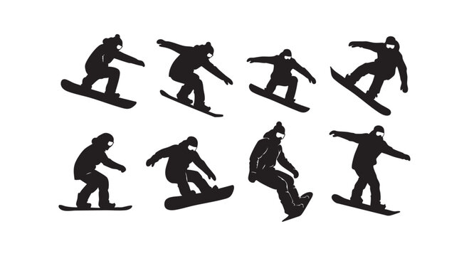 Set of snowboarder silhouettes doing different tricks isolated on white background for your extreme winter sports designs.