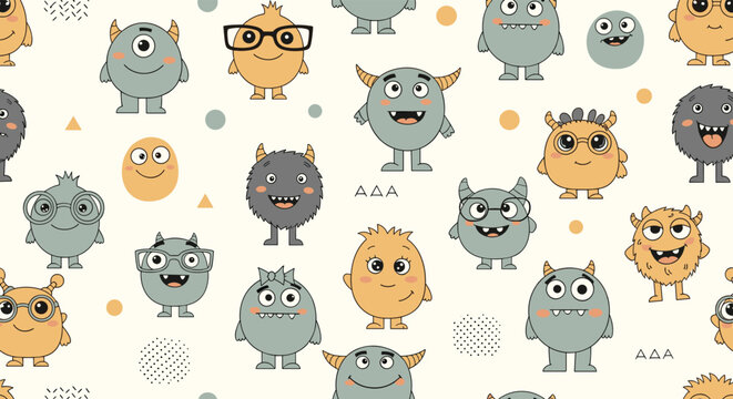 Cheerful seamless pattern of various cute colorful monsters with different eyes, horns, and teeth on a light cream background for kids.