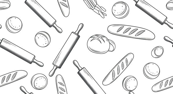 Seamless black and white pattern depicting assorted freshly baked bread loaves, baguettes, and wooden rolling pins in a detailed sketch style.