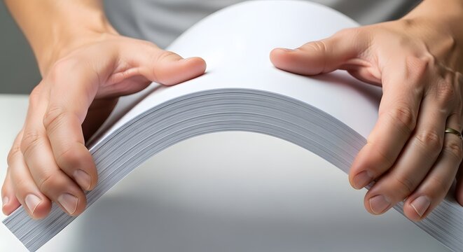 A persons hands are gently holding a thick stack of clean white paper sheets