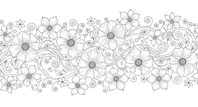 Detailed black and white horizontal border featuring a variety of hand drawn flowers and swirling botanical patterns for coloring or decoration.