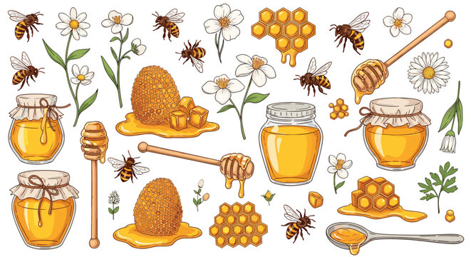 Comprehensive collection of honey jars, honeycomb, busy bees, and flowers for natural food and beekeeping concepts.