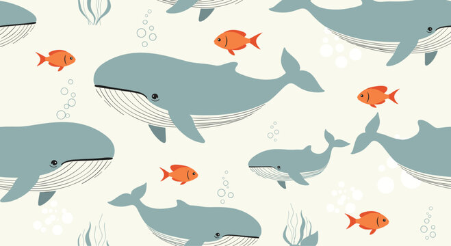 Peaceful underwater seamless pattern showing large blue whales and small orange fish in a calm ocean environment.