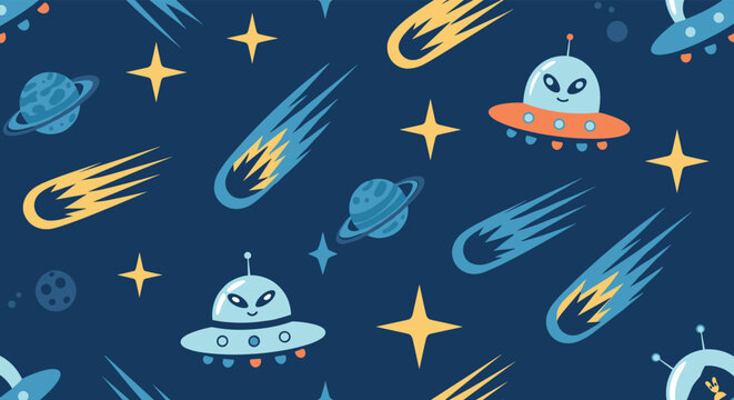 Fun outer space seamless pattern showing cartoon aliens in UFOs among bright stars and streaking comets in the night sky.