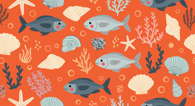 Lively underwater seamless pattern of swimming fish and various sea shells on a bright orange background for summer.