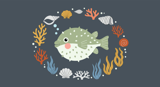 Cute green pufferfish framed by a colorful circle of underwater plants and sea shells on a dark blue background.