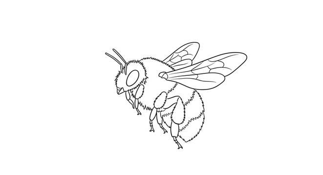 Simple black and white line drawing illustration of a bumblebee in flight highlights the insect wings and fuzzy body texture.