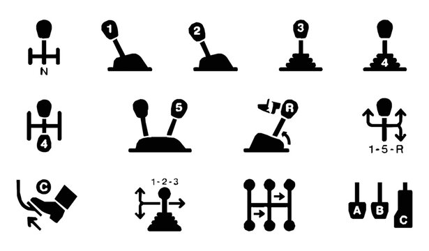 Isolated Manual Transmission Gear Stick Icons Set for Automotive Interface and Driving Concept Illustration