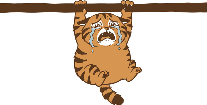 Sad tiger hanging from a branch crying