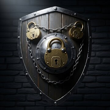 Intricate medieval shield with multiple locks and chains, signifying protection