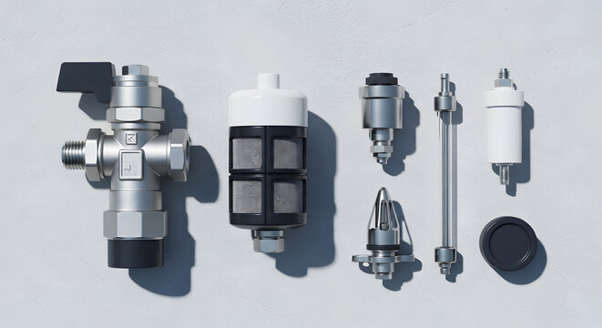 Industrial plumbing and fluid control components on grey background | High precision metal valves filters and sensors for mechanical engineering | Professional technical equipment for fluid systems